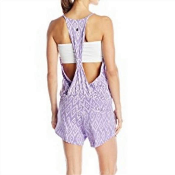 Tasc Organic Cotton Bamboo Festival Drawstring Open Halter Back Purple Romper - Picture 2 of 13